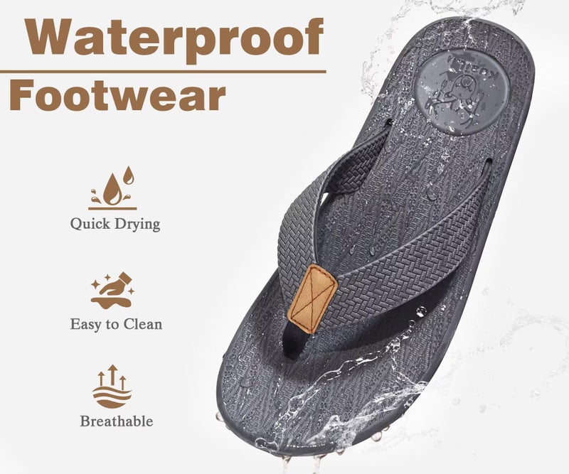 KuaiLu Mens Flip Flops Arch Support Comfortable Cushion Memory Foam Recovery Walking Waterproof Leather Thong Sandals Orthotic Plantar Fasciitis Summer Casual Beach Pool Slip on Slippers Grey Size 8 - Image 3